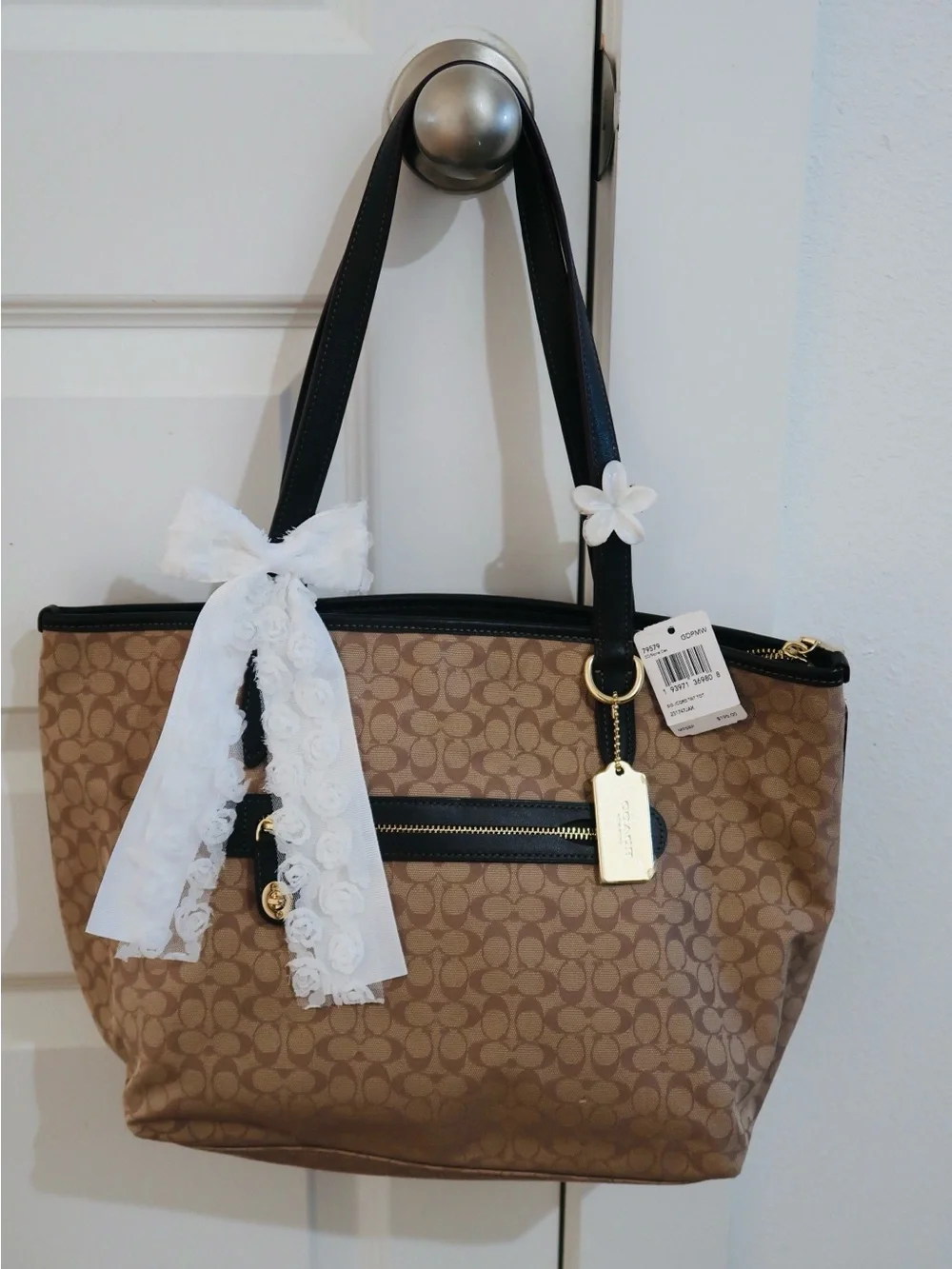 Coach Tan Signature Canvas Tote with Black Trim